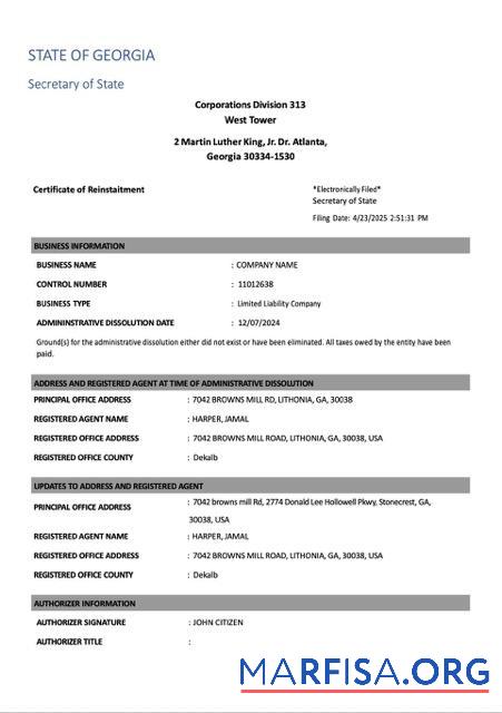 Blank USA Georgia certificate of reinstatement Word and PDF template, version 2